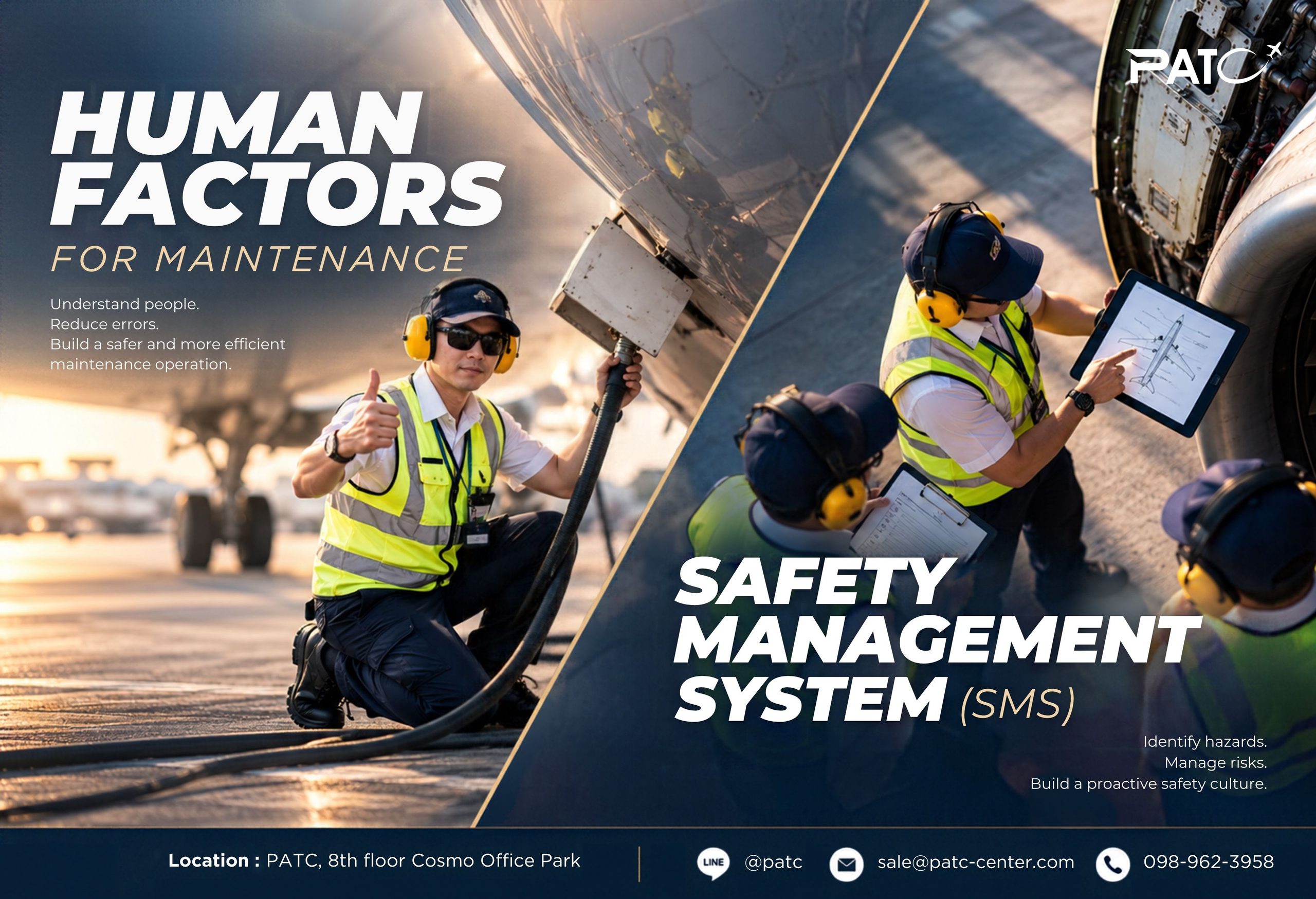Enhance aviation safety with Human Factors for Maintenance and SMS training at PATC Thailand. Contact us for course details and schedules.